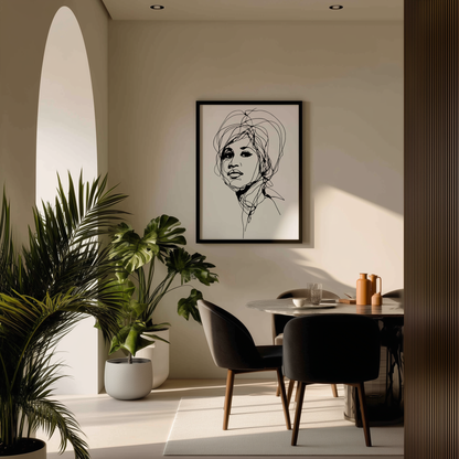 Wandbild Shooting Star Music Poster Line Art Aretha Franklin, minimalistisches modernes Design, ideal für stilvolle Raumgestaltung.